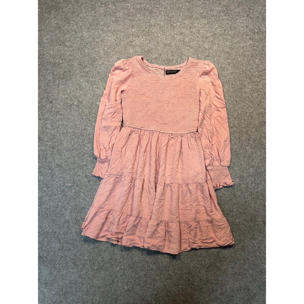 Merokeety Smocked Tiered Mini Dress Medium Pink Boho Puff Sleeve LH01099‎